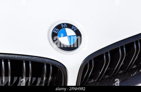 Samara, Russia - May 18, 2019: BMW logo on the modern car. BMW is a German automobile, motorcycle and engine manufacturing company Stock Photo