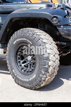 Samara, Russia - May 15, 2021: Close up view of the offroad car wheel with tire BFGoodrich on light alloy disc Stock Photo