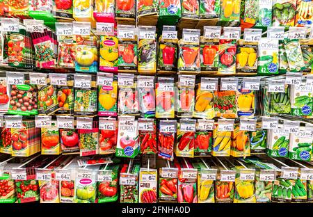 Samara, Russia - May 15, 2021: Various garden seeds at the store ready for customers to purchase and plant flowers, fruits and vegetables Stock Photo