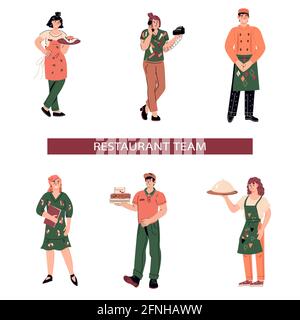 Restaurant, fast food or take away cafe staff characters set, cartoon vector isolated. Stock Vector