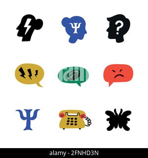 Psychology. Psychological counseling icons. Psychology, brain and mental health vector icons set on white background. Naive style flat vector Stock Vector