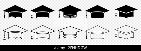 Collection of graduation student cap. Vector isolated on transparent background Stock Vector
