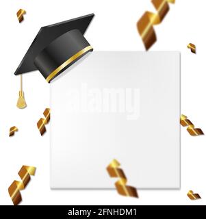 Ceremony hat with white paper bannera and confetti. Vector education isolated on white background Stock Vector