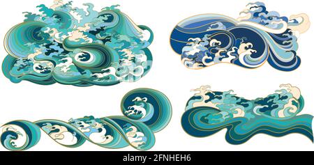 A set of vector elements, templates on the theme of waves in an oriental style. Stock Vector