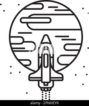 Spaceship approaching planet Mars vector line icon for Red Planet Day on November 28 Stock Vector