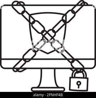 Computer in chains vector line icon for Computer Security Day onn November 30 Stock Vector