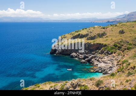 Zingaro Nature Reserve, Trapani, Sicily, Italy. View over the turquoise waters of Cala Capreria from coastal path above the Gulf of Castellammare. Stock Photo