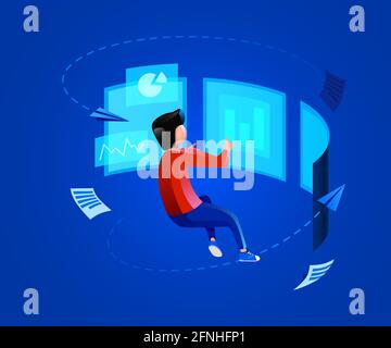 People fly around virtual monitor. Analyzing digital data, virtual reality and financial management. Vector illustration Stock Vector