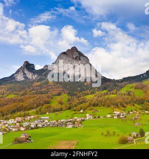 Autumn landscape. Switzerland. The top of the mountain is big Mythen. Aerial shot from the drone. Stock Photo