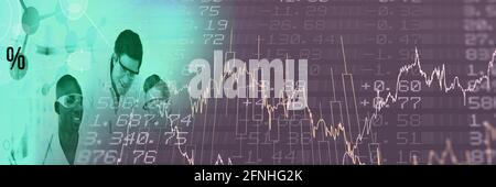 Composition of medical data processing and molecules over scientists on green background Stock Photo