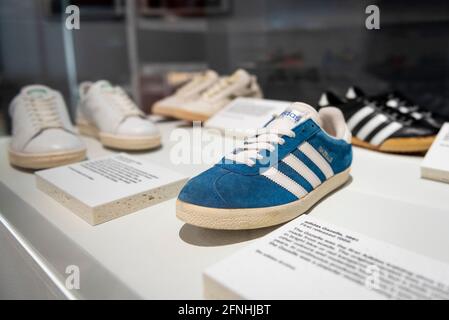 London, UK.  17 May 2021. 'Adidas Gazelle', 1991, first released 1966, the first Adidas training shoe to be made from suede. Preview of “Sneakers Unboxed: Studio to Street” at the Design Museum in Kensington.  The exhibition explores how sneakers have gone from being used for sport to cultural symbols and runs 18 May to 24 October 2021.  Credit: Stephen Chung / Alamy Live News Stock Photo