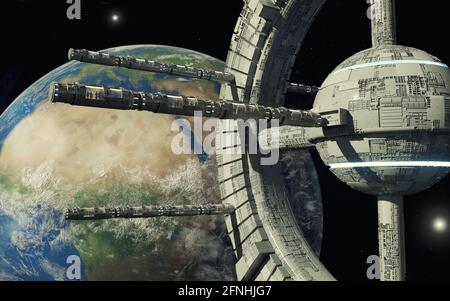 3d render. Space station and hotel Stock Photo