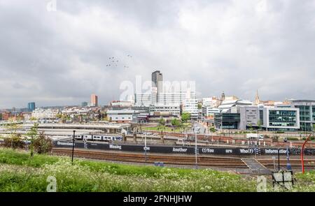 Sheffield City Centre Panoramic wide angle view of the steel city with railway station and Hallam university campus under dramatic sky. Modern skyline Stock Photo