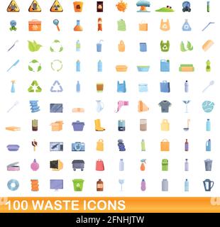 100 waste icons set. Cartoon illustration of 100 waste icons vector set isolated on white background Stock Vector