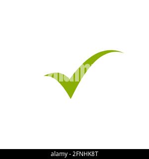Valid Seal icon. Green cartoon tick. Flat OK sticker icon. Isolated on white. Eco Accept button. Leaf Check Mark. Stock Vector