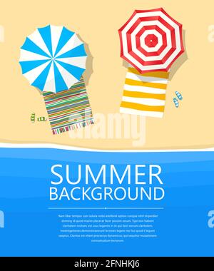 Vector beach card with umbrellas, towels and waves Stock Vector