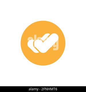 Valid Seal icon. White double tick in orange circle. Flat done sticker icon. Isolated on white. Accept button. Good for web and software interfaces. V Stock Vector