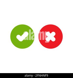 Set of check mark icons. green rounded tick in circle and red cross in circle. Flat cartoon style. Vector illustration. Flat yes and no buttons. Stock Vector