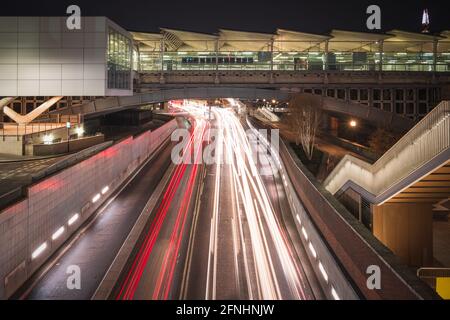 Blackfriars Railway Bridge with traffic light trails underneath in London Stock Photo