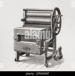 Thomas Bradford's washing machine combined with wringing and mangling apparatus.  Specially adapted for use in large hotels and public institutions.  From A Concise History of The International Exhibition of 1862, published 1862. Stock Photo