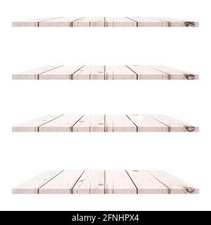 4 Wood shelves table isolated on white background and display montage for product. Stock Photo