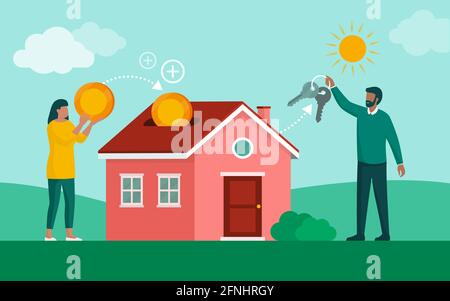 Young couple buying a house and investing in real estate, home loan and mortgage concept Stock Vector