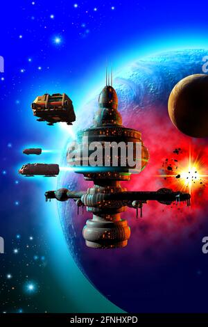 space battle, spaceships flying around a space station, 3d illustration Stock Photo