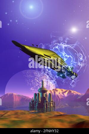 Spaceship arriving on a frontier planet flying over a city located in the middle of a lake with high mountains around it Stock Photo