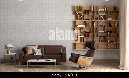 Mock up of blank white brick wall in interior of living room Stock Photo