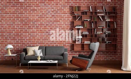 Mock up of blank red brick wall in interior of living room Stock Photo