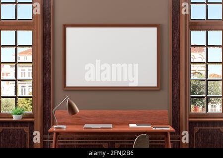 Horizontal blank poster mockup on brown wall in interior of living room Stock Photo