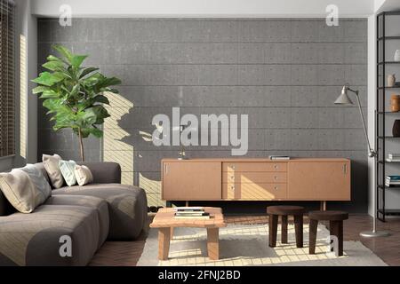 Mock up of blank concrete wall in interior of living room Stock Photo