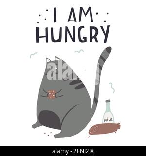 Guilty cat color flat hand drawn vector character. Quote I am hungry handwritten letters. Cute naughty cat eating sausage clipart. Stock Vector