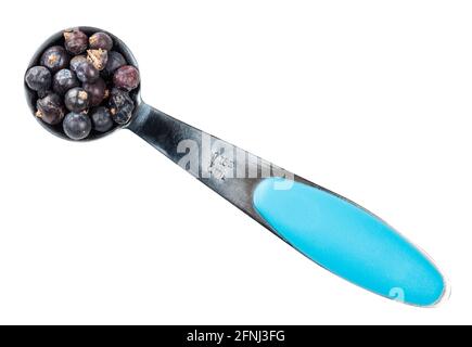 top view of dried juniper berries in measuring teaspoon cutout on white background Stock Photo