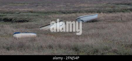 Three small rowing boats tied up and out of the water and among vegetation on the North Norfolk coast Stock Photo