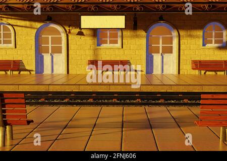 Train station at sunset. 3D illustration Stock Photo