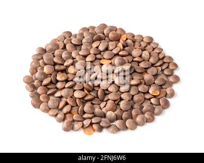 pile of brown unhulled red lentils closeup on white background Stock Photo