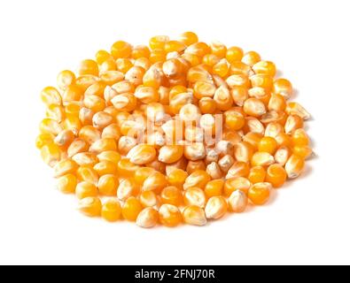 pile of raw maize (corn) seeds closeup on white background Stock Photo