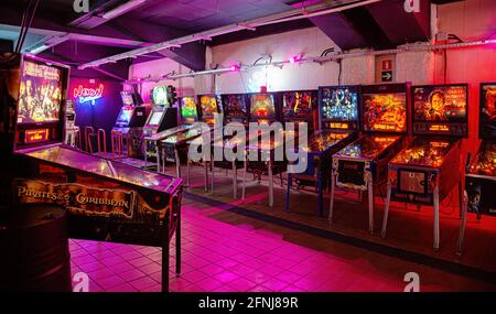 Moscow, Russia - April 29, 2021: Pinball museum. Pinball table close up view of vintage game machine Stock Photo