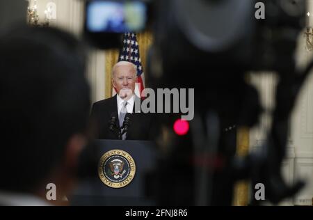 Washington, United States. 17th May, 2021. President Joe Biden delivers remarks on the COVID-19 response and the vaccination program from the East Room of the White House in Washington, DC, on Monday, May 17, 2021. Photo by Shawn Thew/UPI Credit: UPI/Alamy Live News Stock Photo