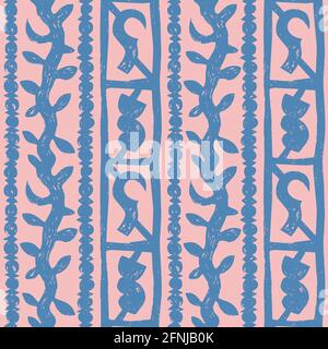 Blue and pink primitive african plant shaped brush cloth print - seamless vector pattern Stock Vector