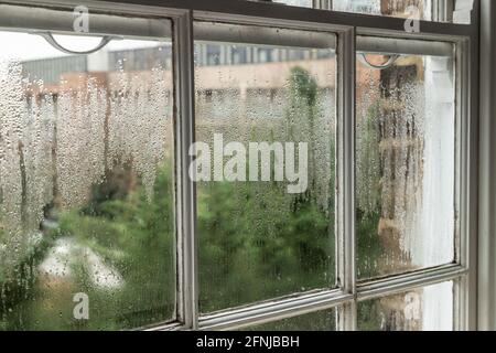 Closeup to condensation on the glass on a window. A common problem when window are not double glazed. Stock Photo