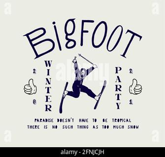 Bigfoot on skis winter sports typography t-shirt print. Winter party sasquatch t-shirt print vector illustration. Stock Vector