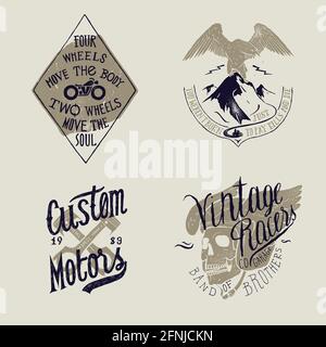 Motorcycle rider t-shirt print set: Two wheels bike, mountain eagle motorbike rider, crossed motorcycle pistons, skull in winged helmet. Bike print de Stock Vector