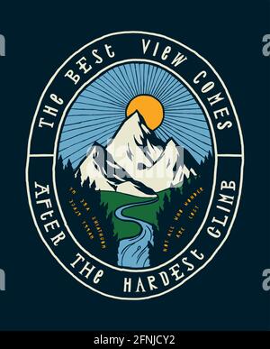 Best view comes after the hardest climb - ice covered mountain peak and the forest - vintage hiking and climbing typography badge Stock Vector
