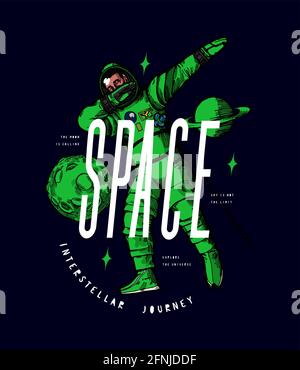 Astronaut dabbing in the outer space between the stars moon and planets. New american private company green and blue suit. Space t-shirt print vector Stock Vector