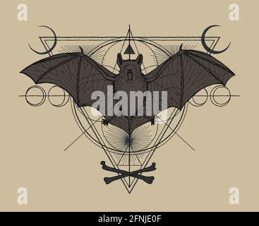 Bat on the geometrical background with moons and bones occult vector illustration. Stock Vector