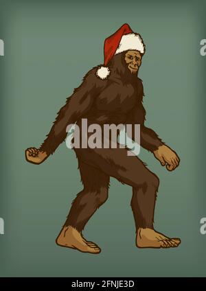 Bigfoot wearing Santa Claus hat walking isolated vector illustration Stock Vector