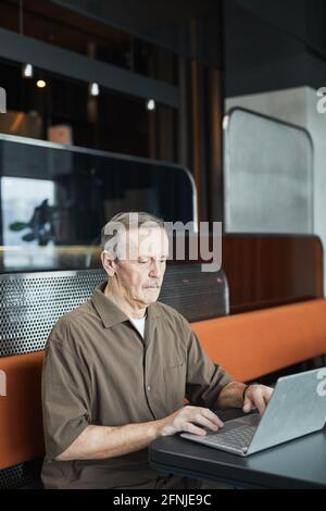 Focused senior Caucasian man with mustache sitting at table in modern cafe and making report on portable computer Stock Photo