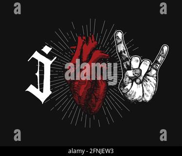 rock hand sign of horns gothic print - i love rock Stock Vector